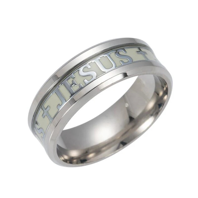 Euramerican Rings for Men Women Jesus Cross Stainless Steel Luminou Glow in Dark Fluorescent Band Ring Wholesale Jewelry