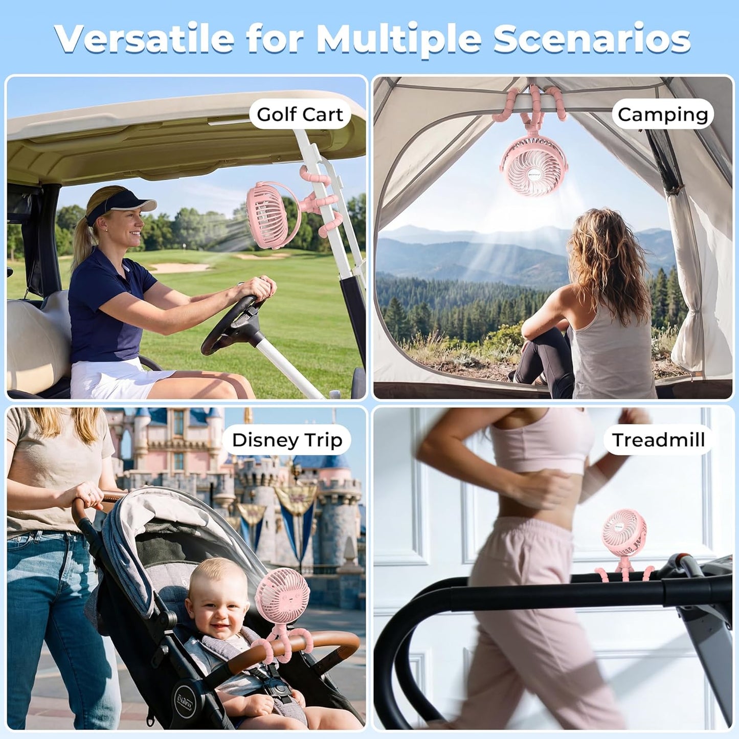 Battery Operated Stroller Fan Flexible Tripod Clip on Fan with 3 Speeds and Rotatable Handheld Personal Fan for Car Seat Crib Bike Treadmill (Pink)