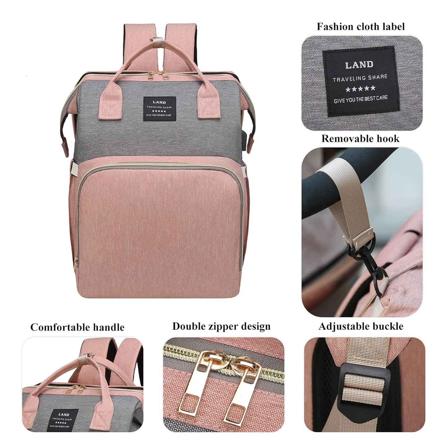 Diaper Bag with Changing Station,Diaper Bag Backpack,7 in 1 Travel Baby Diaper Bag,Mommy Bag with USB Charging Port (Pink-Grey)