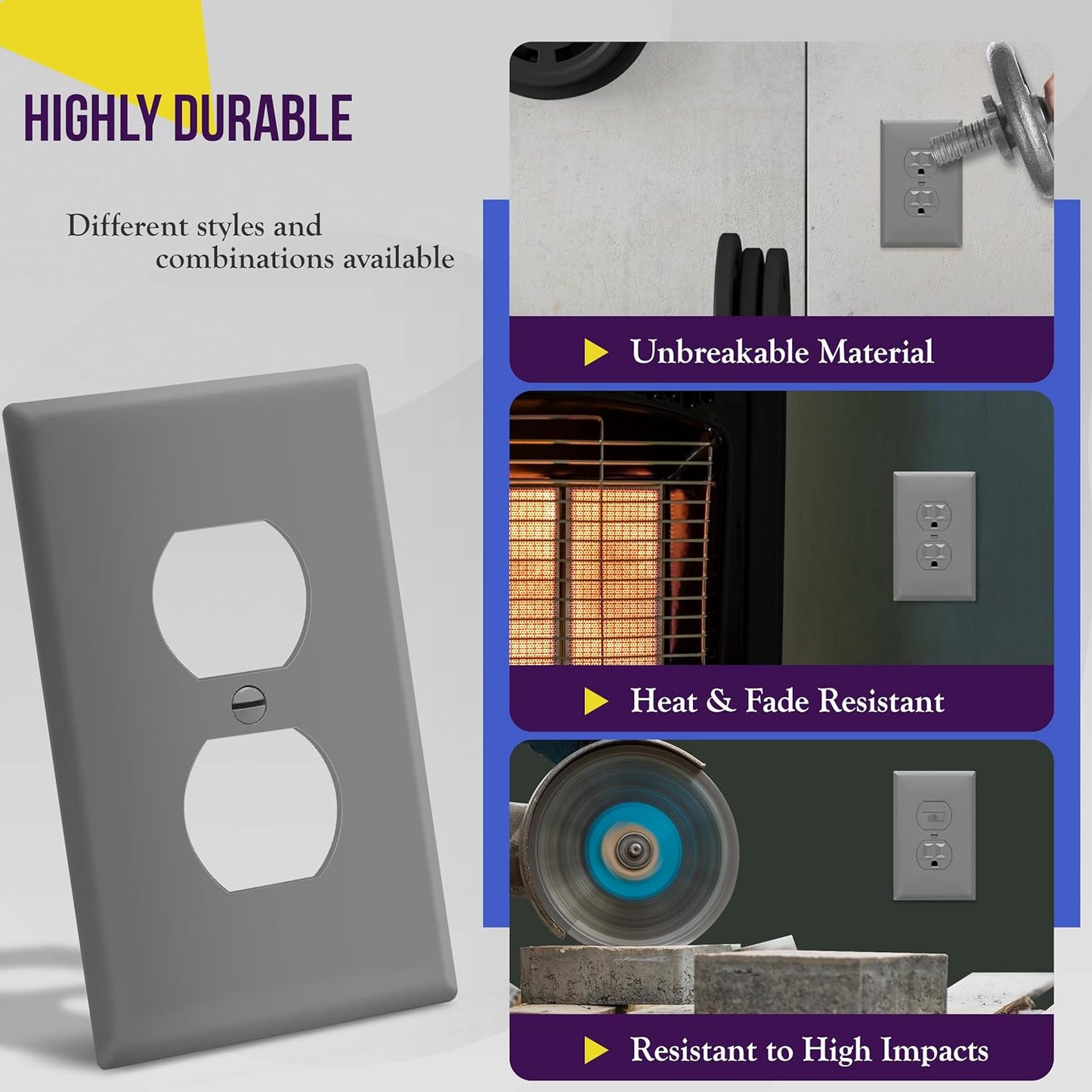 Duplex Receptacle Outlet Wall Plate, Electrical Outlet Cover, Gloss Finish, Mid-Size 1-Gang 4.88" X 3.11", Unbreakable Polycarbonate Thermoplastic, UL Listed, , Gray