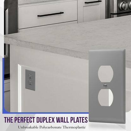 Duplex Receptacle Outlet Wall Plate, Electrical Outlet Cover, Gloss Finish, Mid-Size 1-Gang 4.88" X 3.11", Unbreakable Polycarbonate Thermoplastic, UL Listed, , Gray