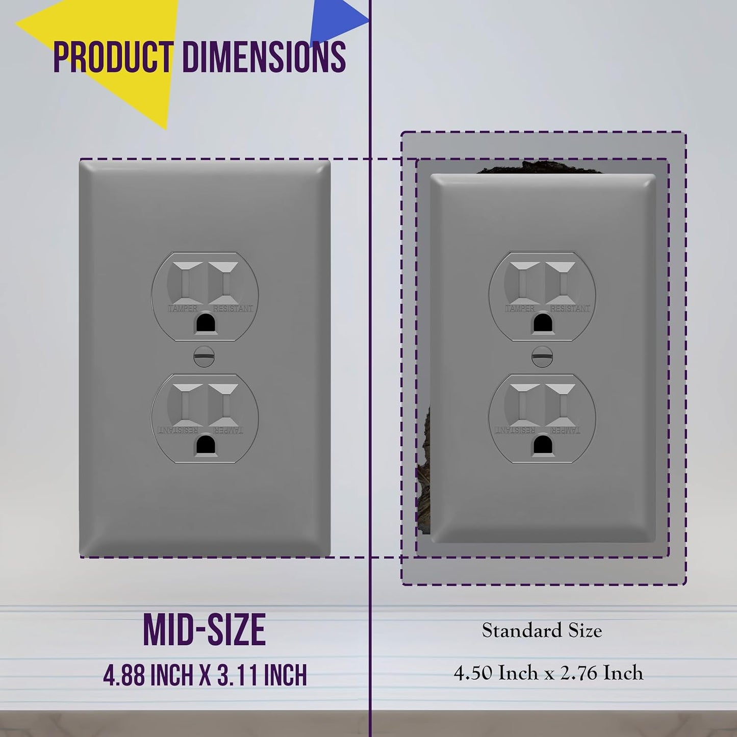 Duplex Receptacle Outlet Wall Plate, Electrical Outlet Cover, Gloss Finish, Mid-Size 1-Gang 4.88" X 3.11", Unbreakable Polycarbonate Thermoplastic, UL Listed, , Gray