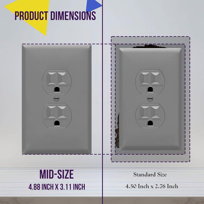 Duplex Receptacle Outlet Wall Plate, Electrical Outlet Cover, Gloss Finish, Mid-Size 1-Gang 4.88" X 3.11", Unbreakable Polycarbonate Thermoplastic, UL Listed, , Gray